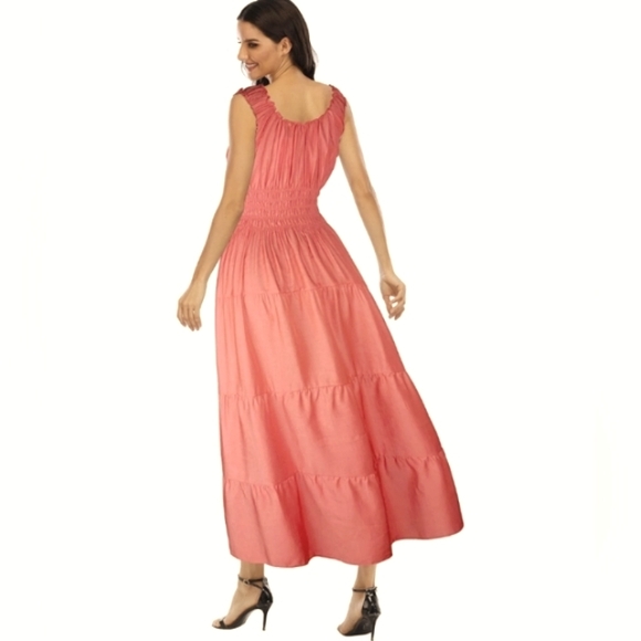 Coral Orange Retro Sun Dress Off Shoulder Tiered Maxi Long Prairie Sundress 50s - Picture 3 of 12